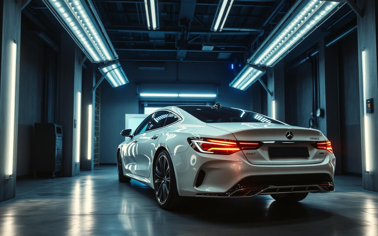 A repaired luxury sedan under bright lights in a clean modern collision repair bay